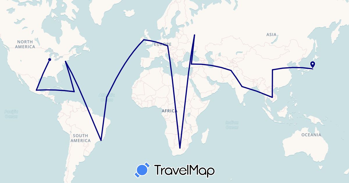 TravelMap itinerary: driving in Afghanistan, Brazil, China, Czech Republic, Ireland, India, Japan, Cambodia, Mexico, Russia, Turkey, United States, South Africa (Africa, Asia, Europe, North America, South America)